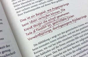 Fixationen, Regressionen und Sakkaden: »Dies ist ein Beispiel, wie Augensprünge beim Lesen verlaufen können. Die Kreise deuten die scharf gesehenen Teile je Fixation an, gestrichelte Linien Vorwärtssprünge, durchgezogene Rücksprünge«. Bildzitat: Prof. Dirk Wendt, Lesbarkeit von Druckschriften, Ein Beitrag zum Symposium der Typografischen Gesellschaft München am 13. und 14. November 1998. Die Zusammenfassung als Buch erschienen im Jahre 2000 unter dem Titel