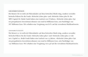 Beispiel einer harmonischen, sehr dezenten »Selektiven Schriftmischung« im glatten Satz. Der Rohsatz im oberen Absatz wurde komplett in der Celeste Regular von Christopher Burke gesetzt. Um die mikrotypografische Ästhetik des Rohsatzes harmonisch aufzuwerten, wurden im unteren Absatz einige Buchstaben und Satzzeichen gegen andere Schriftstilvarianten und Schriftarten ausgetauscht: Die Majuskeln der Headline der Celeste Regular gegen die gemeinen Kapitälchen der Celeste, die Guillemets der Celeste gegen Guillemets der Mrs Eaves Roman von Zuzana Licko, die Majuskelziffern der Celeste gegen Mediävalziffern der Celeste und das Prozentzeichen der Celeste gegen das Prozentzeichen der Matrix Script Regular von Zuzana Licko. Quelle: Typolexikon.de