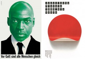 Plakat »Vor Gott sind alle Menschen gleich«, eine Initiative von Pierre Mendell (Entwurf: Pierre Mendell, 1995) und Plakat »Japanische Plakate« für die Neue Sammlung München (Mendell & Oberer, Entwurf: Pierre Mendell, Foto: Klaus Oberer, 1988).