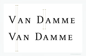 Manuelle Korrektur der Schriftsatzästhetik durch eine negative (-LW) Laufweitenveränderung zwischen den kritischen Buchstabenpaaren VA und DA. Beispiel gesetzt im Photoshop® von Adobe® in der Celeste Caps (1995) von Christopher Burke, Publisher FontFont. Obere Zeile: Normalschriftweite (NSW) spationiert in +120/1000 Geviert. Untere Zeile: NSW spationiert in +120/1000 Geviert mit Unterschneidungen zwischen V und A mit -140/1000 Geviert und zwischen D und A mit -75/1000 Geviert. Infografik: www.typolexikon.de