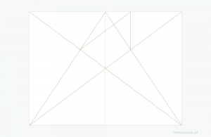 Konstruktionsprinzip des Villardschen Teilungskanons für einen Buchsatzspiegel. Infografik 3: Verbindung des Schnittpunkts auf Recto mit einer senkrechten Linie zum oberen Beschnitt, dann eine Verbindungslinie zum Schnittpunkt auf Verso, was in diesem Beispiel ein 1/3-Seitenverhältnis ergibt.