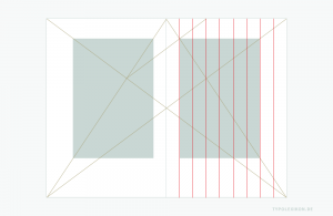 Konstruktionsprinzip des Villardschen Teilungskanons für einen Buchsatzspiegel. Infografik 5: Die Schnitt- und Bezugspunkte der Diagonalen auf Recto können auch dazu verwendet werden, den Buchsatzspiegel systematisch in einen Gestaltungsraster mit gleich großen Rasterflächen zu transformieren. In diesem Beispiel werden zuerst die senkrechten Hilfslinien eingezeichnet.