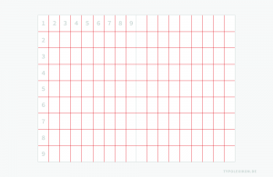 Konstruktionsprinzip des Villardschen Teilungskanons für einen Buchsatzspiegel. Infografik 7: Schlussendlich ergibt sich in diesem Beispiel jeweils ein 9x9-Gestaltungsraster auf Verso und Recto. Je nach Papierformat und vorgegebem Seitenverhältnis der Hypotenuse können sich so auch 6x6-Raster, 12x12-Raster etc. ergeben.