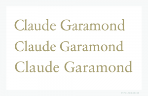 Vergleich von drei Garamond-Schriften. Oben: Nachschnitt einer »Amsterdamer Garamond« im normalen Schriftschnitt von Morris Fuller Benton (1872–1948) für die ATF-Company (USA) aus dem Jahre 1917. Mitte: »Minion Pro« regular von Robert Slimbach (*1956) aus der Linotype® Schriftbibliothek. Unten: »Sabon« roman von Jan Tschichold (1902–1974) aus der Linotype® Schriftbibliothek. Infografik: www.typolexikon.de