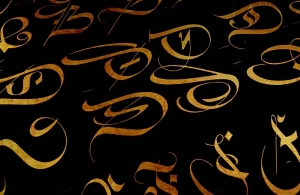 Kalligraphische Studien des Grafikdesigners, Typografen und Kalligraphen Friedrich Hermann Ernst Schneidler (1882–1956) zu den Initialen seiner Zentenar-Fraktur (1937–1939), anlässlich eines Wettbewerbs zum hundertjährigen Bestehen der Bauerschen Schriftgießerei in Frankfurt am Main. Interpretiertes Bildzitat (Ausschnitt) aus »Wo der Buchstabe das Wort führt« (Seite 201) von Prof. Kurt Weidemann.