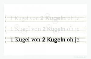 Vergleich einer extrafamiliären, lauten Auszeichnung außer- und innerhalb einer Schriftsippe. Zeile oben: Minion Pro normal mit einer fetten Helvetica im gleichen Schriftgrad. Ober- und Unterlängen stimmen nicht überein. Die Auszeichnung wirkt klobig. Zeile mitte: Minion Pro normal mit Helvetica fett, wobei die laute Auszeichnung auf die x-Linie der Grundschrift angepasst wurde. Auszeichnung wirkt harmonischer, dennoch stimmen die Ober- und Unterlängen nicht überein. Zeile unten: Corporate A normal und Corporate S fett im gleichen Schriftgrad. Die Ober- und Unterlängen der Schriftsippe von Kurt Weidemann (1922–2011) stimmen überein.