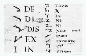 Im Ausschnitt: Das tironische Et ist ein Kürzel für lateinisch et (und). Als einzige tironische Note wird diese heute noch in Irland verwendet. Bildnachweis: Tironische Noten im Codex Casselanus aus dem 8. Jahrhundert, commons.wikimedia.org, gemeinfrei (18.12.2016).