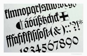 Schriftprobe der »Wilhelm-Klingspor-Schrift« von Rudolf Koch (1876–1934), die zwischen 1920 und 1926 bei der Schriftgießerei der Gebrüder Klingspor in Offenbach am Main erschien. In der Bildmitte die gebräuchlichen Ligaturen für den deutschsprachigen Ligaturensatz in der Fraktur. Bei heutigen Varianten im OpenType-Format fehlen leider meist wichtige deutsche Ligaturen. Bildzitat: Schriftprobe gesetzt von Brigitte und Hans Peter Willberg aus »Fraktur« von Albert Kapr, Seite 125.