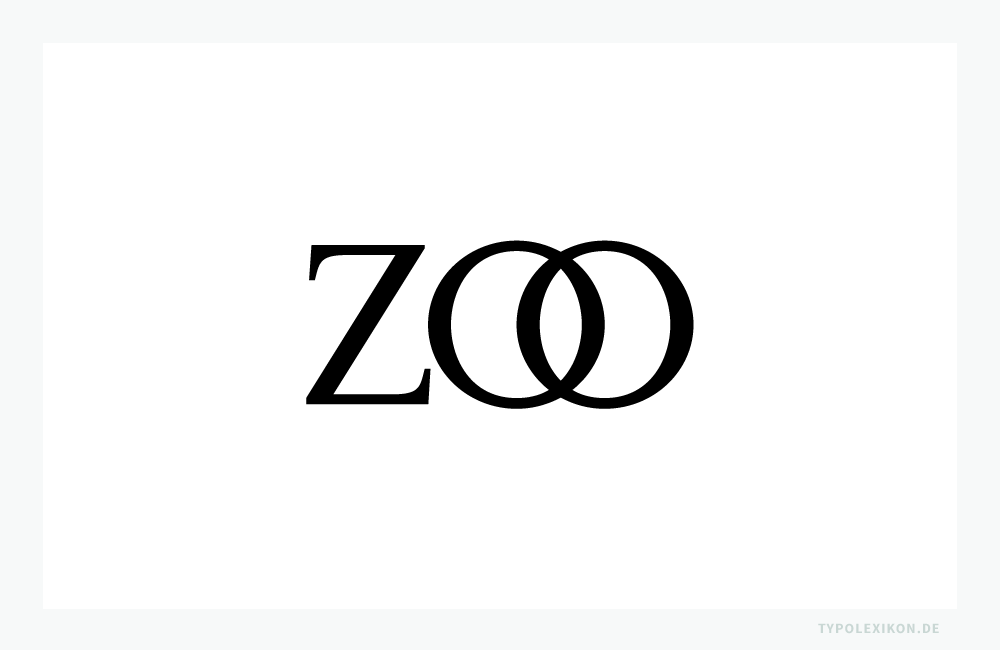 Typografische Zierligaturen, beispielsweise für »OO«, werden in der Gebrauchstypografie (Akzidenzsatz) sehr gerne verwendet. Im Gegensatz zur Lesetypografie, können sie hier mehr oder weniger bedenkenlos nach ästhetischen Gesichtspunkten verwendet werden. Beispiel gesetzt aus der Mrs Eaves Roman und Mrs Eaves Just Ligatures Roman von Zuzana Licko, USA 1995.