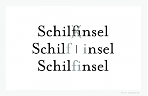 Auch für den korrekten deutschen Ligaturensatz in einer Antiqua gibt es klare Regeln. Unter anderem beispielsweise, dass Ligaturen wie »fi« keine Wortstämme von Komposita verbinden dürfen. Automatikfunktionen von HTML-Editoren, Layout- und Satzprogrammen scheitern bereits an dieser simplen Aufgabenstellung. Beispiel gesetzt aus der Mrs Eaves Roman und Mrs Eaves Just Ligatures Roman von Zuzana Licko, USA 1995.