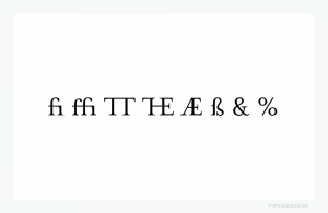 Bei Druckschriften und Screen Fonts römischen Ursprungs gibt es unterschiedliche Arten von Ligaturen. Von links: Minuskelligatur zweifach (fi), Minuskelligatur dreifach (ffi), Majuskelligatur zweifach (TT), Majuskelligatur dreifach (THE), Phonetische Majuskelligatur (Æ), Phonetische Minuskelligatur (ß), Wortligatur (&) und Kaufmannsligatur (%). Beispiel gesetzt aus der Mrs Eaves Roman und Mrs Eaves Just Ligatures Roman von Zuzana Licko, USA 1995.