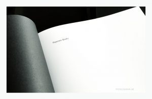 Beispiel eines Schmutztitels eines Fotobuchs des Verlages Peperoni Books in Berlin. Hier wird nur der Name des Verlags genannt. Bildzitat aus Landscapes & Memory, Thirty photographs by Jo Röttger, Peperoni Books, Berlin. Grafikdesign: Atelier Beinert, Berlin.