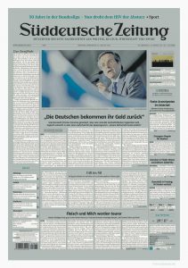 Die »Grundschrift« ist der Schriftschnitt einer Schriftfamilie oder Schriftsippe, der innerhalb eines geschlossenen Schriftsatzes als Primärschrift (Basisschrift) verwendet wird. Beispiel: Grundschrift der »SZ« mit weißen Feldern markiert. Bildzitat: Süddeutsche Zeitung, München.