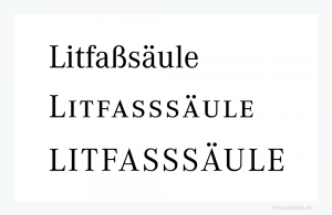 Auflösung der Ligatur »ß« (Eszett, Scharfes s) in »ss« bei Kapitälchen und »SS« im Majuskelsatz. Beispiel gesetzt in der Französischen Renaissance-Antiqua »Corporate A« und »Corporate ASE« von Kurt Weidemann (1922–2011).