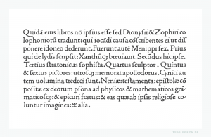 Eine Schriftprobe (Schnellwertskizze) der Litterae Venetae (Venezianische Antiqua) von Nicolas Jenson (um 1420–1480), wie sie um 1475 bei der Gründung der Offizin »Nicolaus Jenson Sociique« (Nicolaus Jenson und Gefährten) in Gebrauch war.