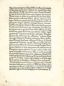 Eine Innenseite der »Epistulae ad familiares« von Marcus Tullius Cicero (106–43 v.Chr.). Gedruckt um 1471 von der Offizin von Arnold Pannartz und Conrad Sweynheym in Rom. Quelle: MDZ der Bayerische Staatsbibliothek, München. Online verfügbar unter http://daten.digitale-sammlungen.de/~db/0006/bsb00066416/images/ (17.5.2021).