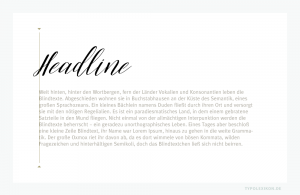 Im Titelsatz empfiehlt es sich oft, Headlines aus ästhetischen Gründen mehr oder weniger über die Satzkante des Kolumnenrasters zu stellen. Im Beispiel die Script »Alivia« von Kelly Reed über einer »Meta Plus« als Copy von Erik Spiekermann (* 1947).