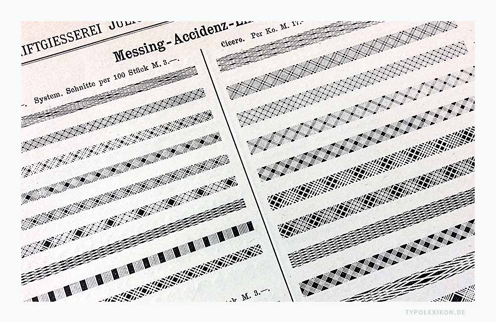 Messing-Accidenz-Linien für den Bleisatz. Abbildung: Schriftmusterbuch »Schrift-Proben« der Schriftgießerei Julius Klinkhardt, Leipzig und Wien, Handausgabe, ca. 1885. Messing-Accidenz-Linien für den Bleisatz. Abbildung: Schriftmusterbuch »Schrift-Proben« der Schriftgießerei Julius Klinkhardt, Leipzig und Wien, Handausgabe, ca. 1885.