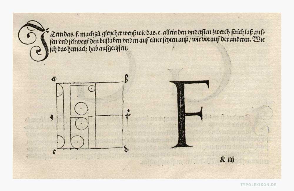 Typometrische Studien des Malers, Grafikers, Mathematikers und Kunsttheoretikers Albrecht Dürer (1471–1528) in »Underweysung der messung mit dem zirckel un richtscheyt in Linien, ebenen und gantzen corporen, durch Albrecht Dürer zusammen getzogen und zu nutz allen kunstliebhabenden mit zugehörigen figuren in truck gebracht im jar M.D.XXV«, erschienen 1525. Quelle: Sächsische Landesbibliothek - Staats- und Universitätsbibliothek Dresden.