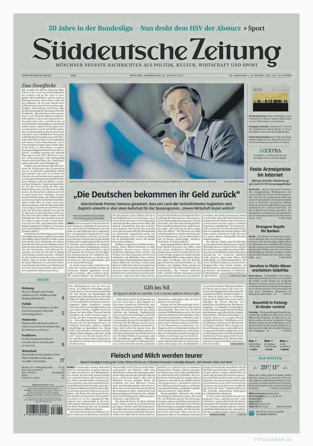 Copies (Fließtexte) redaktioneller Beiträge im Layout der Süddeutsche Zeitung, wobei der Anglizismus Copy bei dspr. Zeitungen weniger gebräuchlich ist, als bspw. in der Werbung oder in der Unternehmenskommunikation. Die Fließtexte rechts oder links werden als Meldungen, Teaser oder Anreißer bezeichnet. Bildzitat: Süddeutsche Zeitung, München.