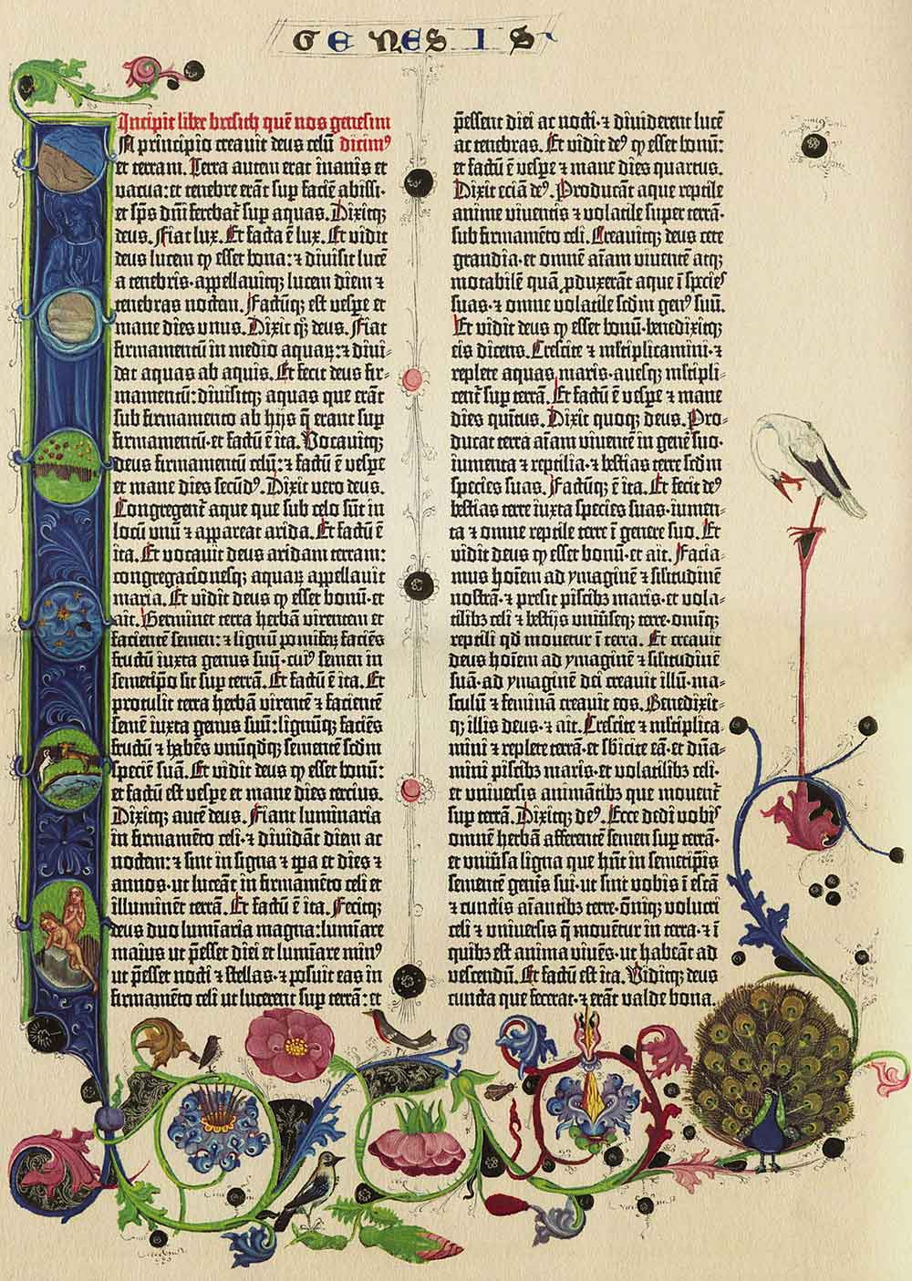 Anfang des »Buchs Genesis« (Schöpfungsbericht) einer 42-zeiligen Gutenberg-Bibel von Johannes Gutenberg (um 1400–1468) aus dem Bestand der Staatsbibliothek Berlin, gedruckt in einer Textura (Quadrattexturatype). Quelle: Fol. 5r, Bd. 1 des illuminierten Exemplars der Staatsbibliothek Berlin.