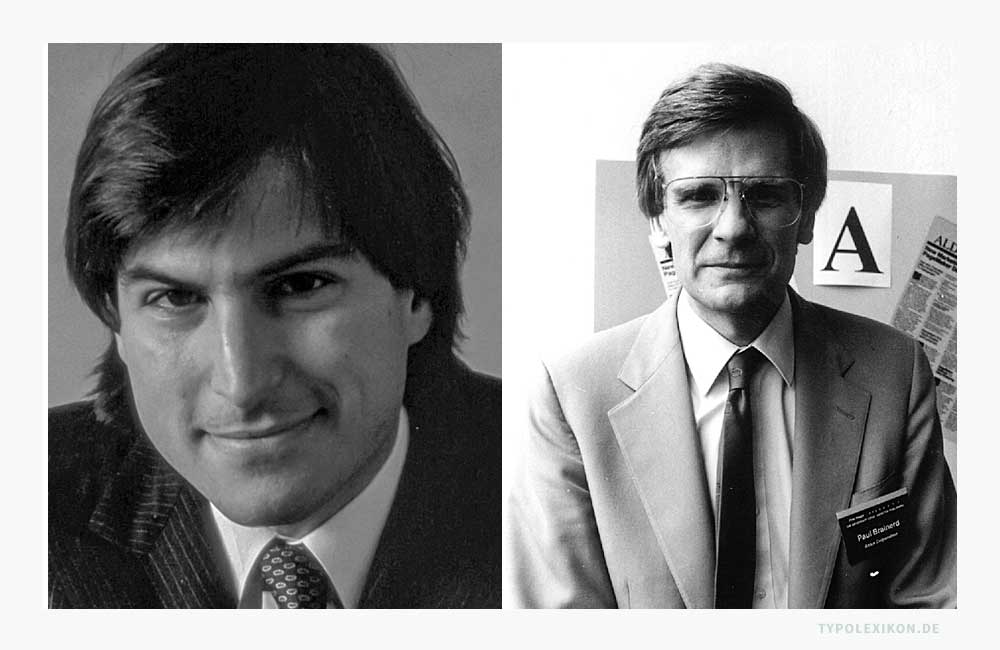 Steve Jobs, Mitbegründer von Apple ® Computer, Inc. (Foto: 1984, Bernard Gotfryd, gemeinfrei) und Paul Brainerd, Mitbegründer der Aldus Corporation (Foto: 1986, DGHealy, gemeinfrei) gelten gemeinhin als die Protagonisten des Desktop Publishings (DTP), das ab Mitte der 1980er Jahre weltweit das grafische Gewerbe revolutioniert hat.