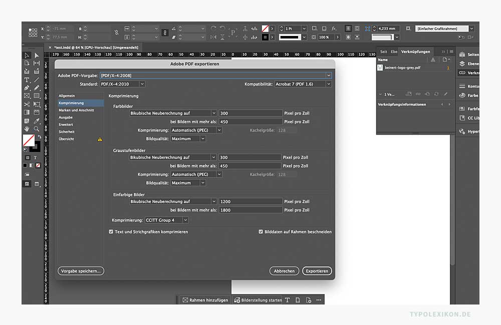 Druckoptimierte PDFs (z.B. PDF/X-Standards) dienen im Desktop-Publishing als digitale Druckvorlagen, die in der Druckvorstufe weiterverarbeitet werden können. Bildzitat: Benutzeroberfläche eines Adobe-PDF-Exports mit der Desktop-Publishing-Software InDesign® von Adobe®. Druckoptimierte PDFs (z.B. PDF/X-Standards) dienen im Desktop-Publishing als digitale Druckvorlagen, die in der Druckvorstufe weiterverarbeitet werden können. Bildzitat: Benutzeroberfläche eines Adobe-PDF-Exports mit der Desktop-Publishing-Software InDesign® von Adobe®.