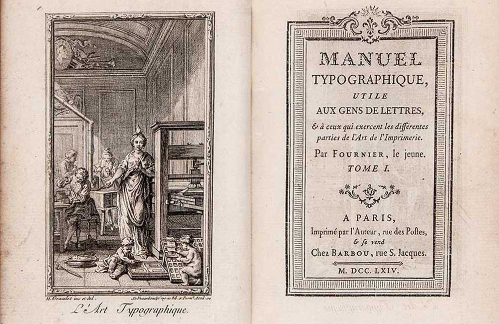 Frontispiz und Haupttitel von Pierre Simon Fourniers typografischem Lehrbuch »Manuel Typographique«, Erstausgabe, zweiter Band, Updike-Drucktypen, Paris 1764–1766.