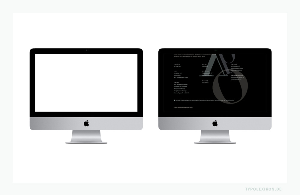 Beispiel eines simplen Mock-ups: Ein in einem Bildbearbeitungsprogramm freigestellter iMac® von Apple® (links), der mit einem Screenshot des Footers des Typolexikons gefüllt wurde (rechts). Derartige Mock-ups werden von den Herstellern häufig im Rahmen ihrer PR kostenfrei zum Download bereitgestellt.