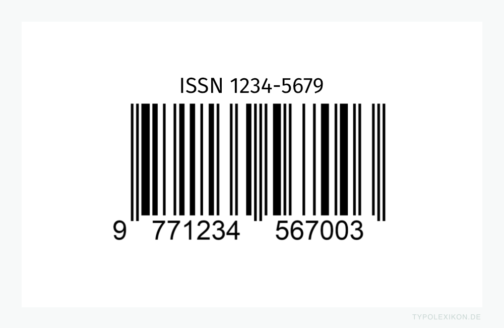 Eine ISSN (International Standard Serial Number) besteht aus acht Zeichen, die durch einen Bindestrich in zwei Vierergruppen gegliedert werden. Für die maschinelle Erfassung im Handel und in der Logistik kann sie in einen EAN-13-Strichcode umgesetzt werden. Für die ISSN 1234-5679 ergibt sich beispielsweise die Barcode-Schreibweise 9771234567003.